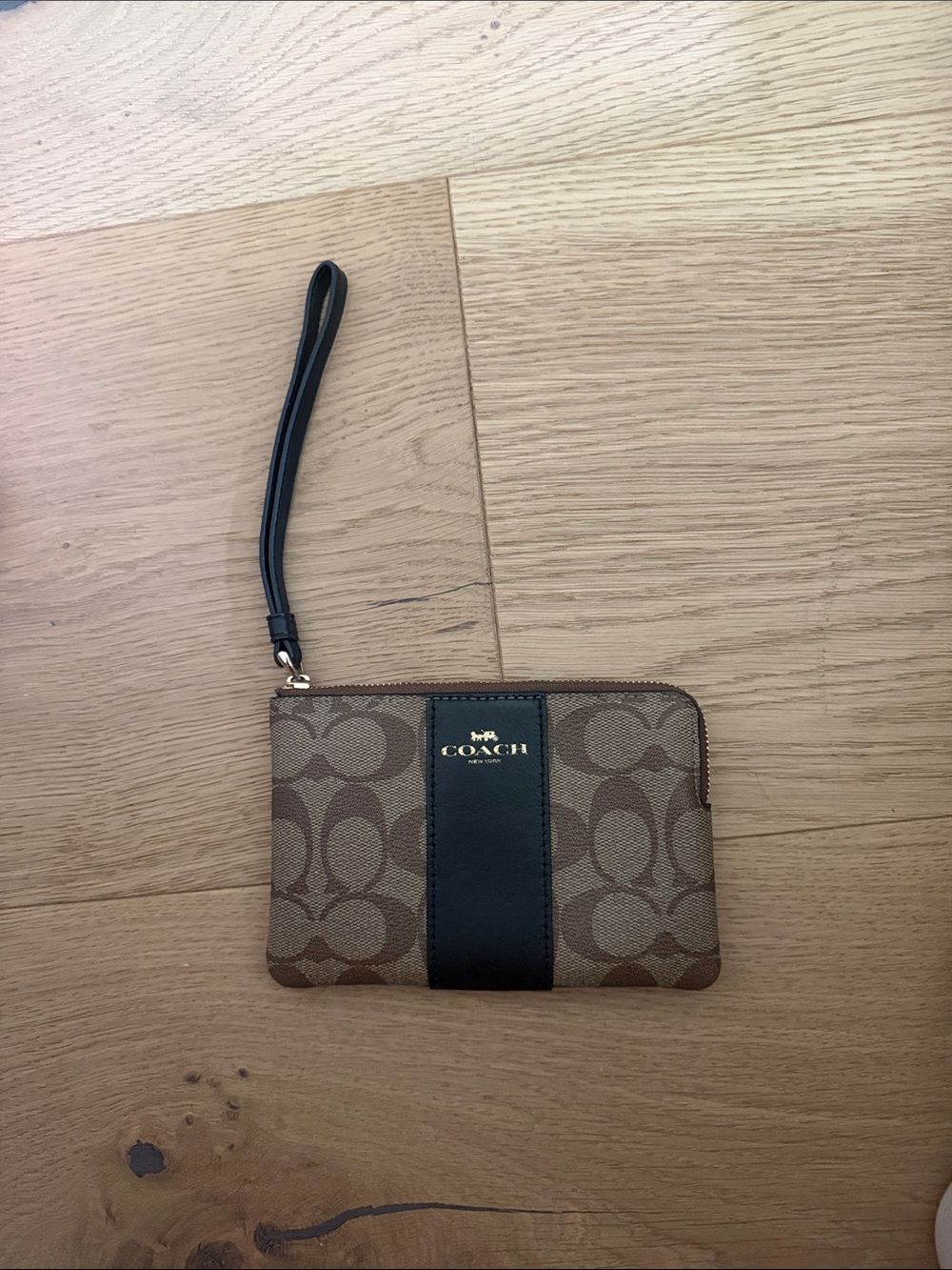 Coach Brown Signature Canvas Wristlet with Black Center Stripe